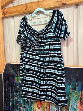 west loop Black and Teal Striped Tie-Dye Off-Shoulder Dress